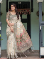 Lightweight Pure Linen Saree with Zari Work - Image 7
