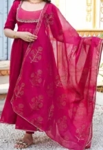 Thread Work Anarkali Kurta Set with Matching Trousers & Dupatta - Image 4