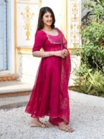 Thread Work Anarkali Kurta Set with Matching Trousers & Dupatta - Image 2
