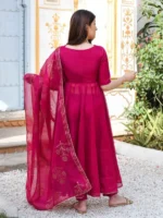 Thread Work Anarkali Kurta Set with Matching Trousers & Dupatta - Image 3