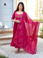 Thread Work Anarkali Kurta Set with Matching Trousers & Dupatta