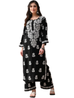 Women’s embroidered chikankari kurta set with ethnic motifs, paired with regular-fit palazzos.