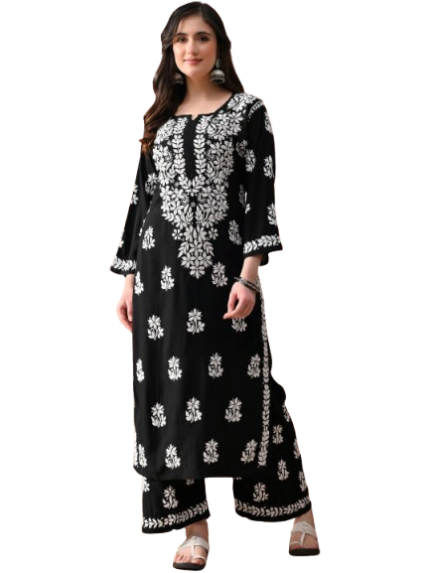 Women’s embroidered chikankari kurta set with ethnic motifs, paired with regular-fit palazzos.