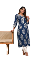 Ethnic motif printed straight kurta with a round neck and subtle zari detailing, crafted in pure cotton. - Image 3