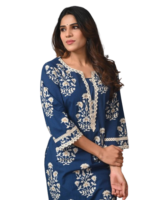 Ethnic motif printed straight kurta with a round neck and subtle zari detailing, crafted in pure cotton.