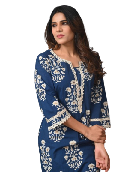 Ethnic motif printed straight kurta with a round neck and subtle zari detailing, crafted in pure cotton.